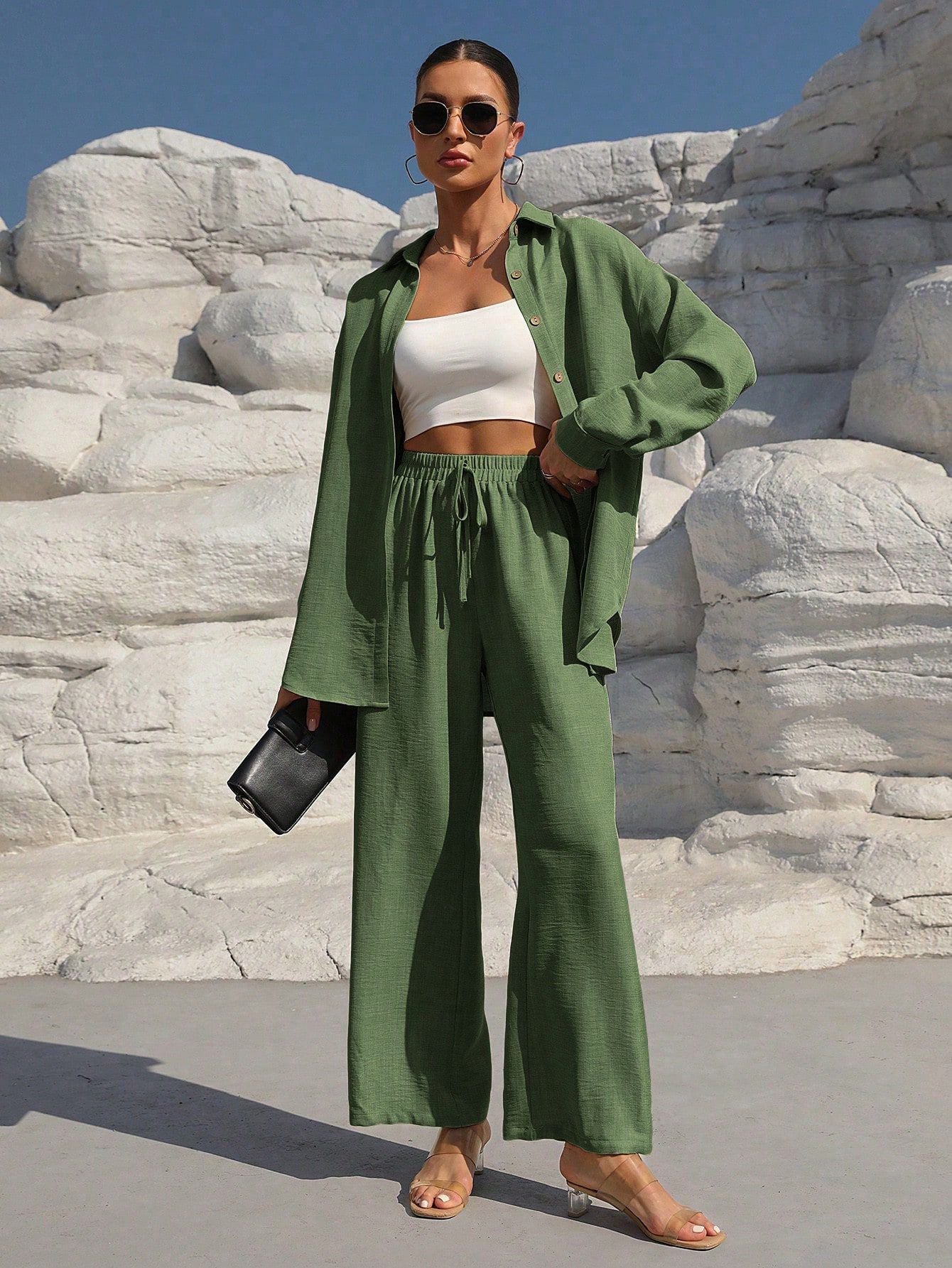 VVZ Women's Solid Button Front Shirt & Tie Front Wide Leg Pants Two-piece Set