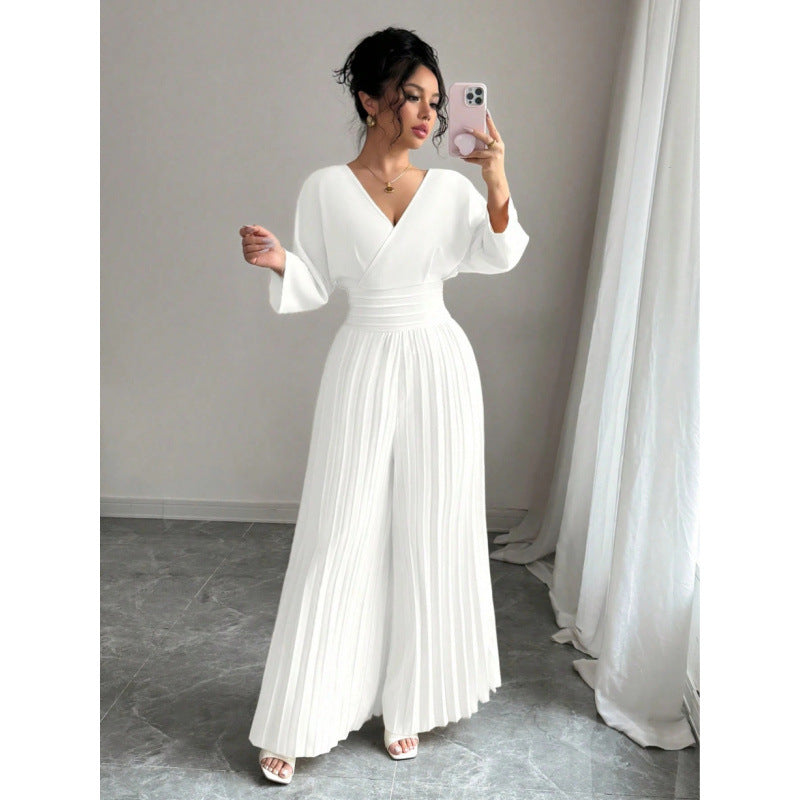 VVZ Women's Elegant V Neck Batwing Sleeve Pleated Wide Leg Pants