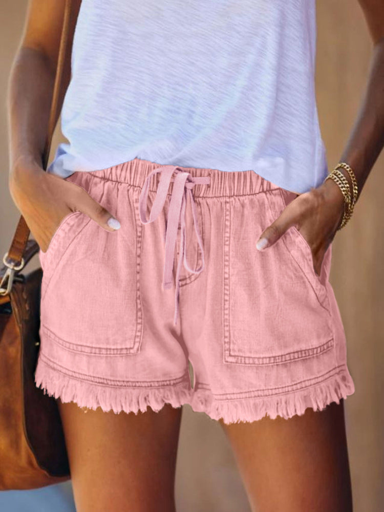 VVZ Women's Plain Drawstring Waist Denim Shorts