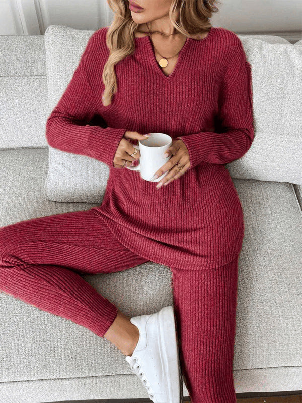 VVZ Women's Casual Plush Rib-Knit Long Sleeve T-Shirt And Leggings Set