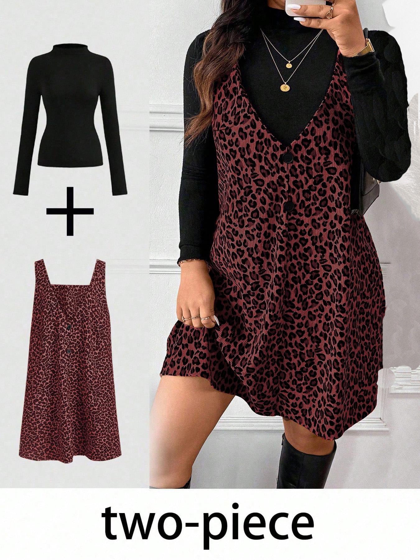 VVZ High Neck Base Layer & Leopard Pinafore Dress Set