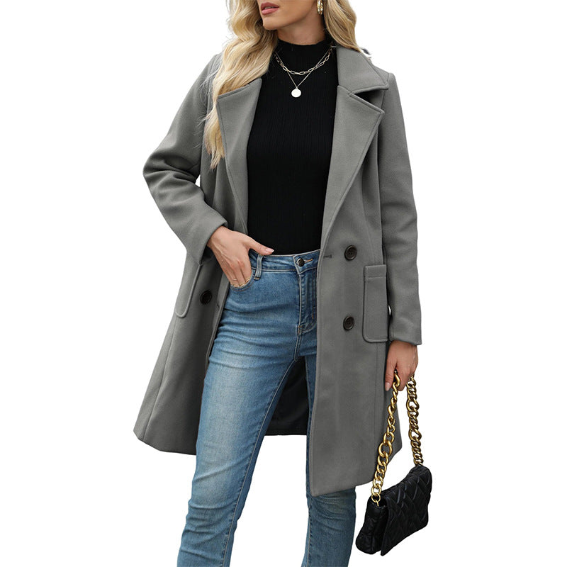VVZ Women Winter  Camel Mid-Long Coat Notch Double-Breasted Lapel Jacket Outwear