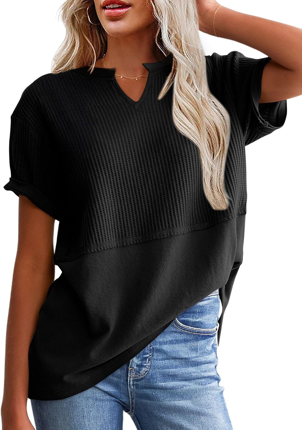 VVZ Cozy Oversized Waffle Knit V-Neck Top