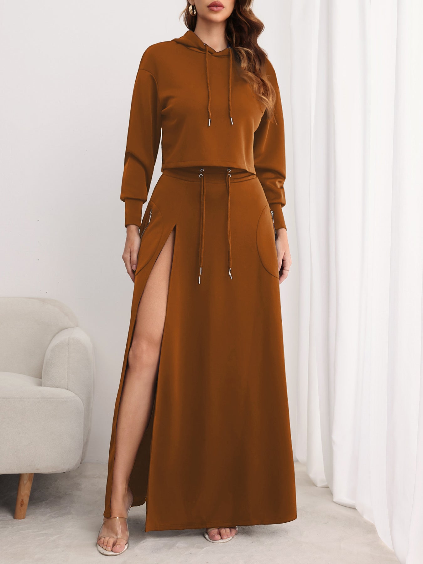 VVZ Women's Solid Drawstring Hoodie & Split Thigh Skirt Set