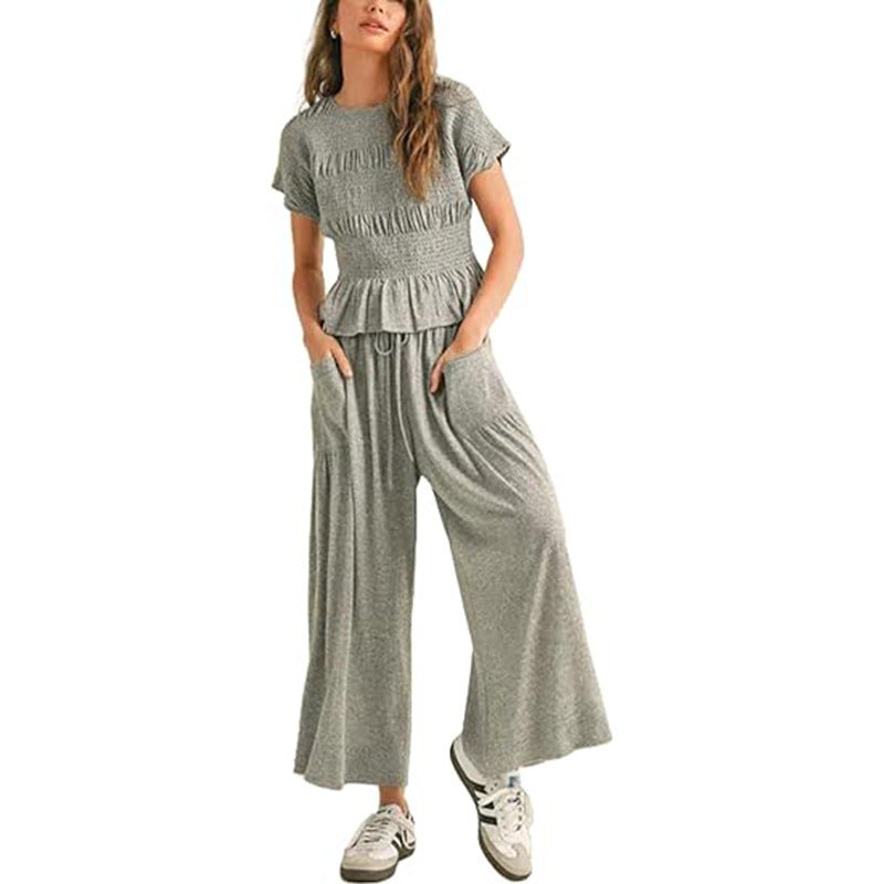 VVZ Women’s 2-Piece Smocked Top & Wide-Leg Pants Set