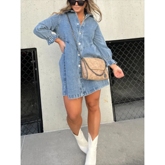 VVZ Washed Denim Puff-Sleeve Mini Dress