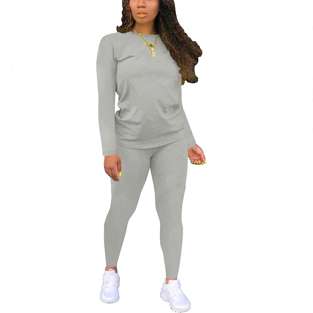 VVZ Women's Solid Long Sleeve Tee & Elastic Waist Pants Set