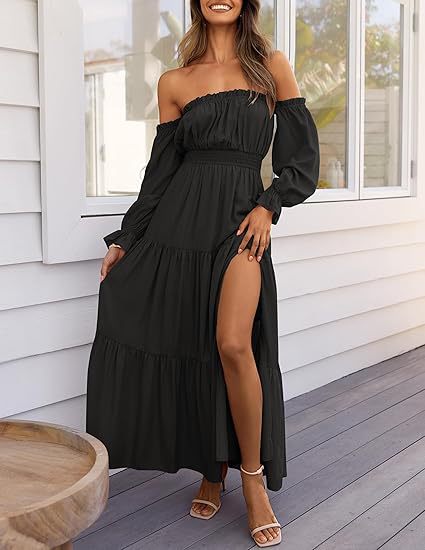 VVZ  High Waist Side Split Flowy A Line Tiered Long Maxi Dress