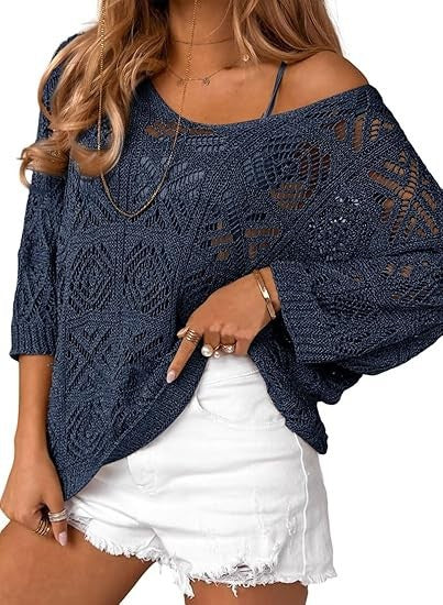 VVZ Spring/Summer Openwork Crocheted Pullover Sweater with Three-Quarter Sleeves