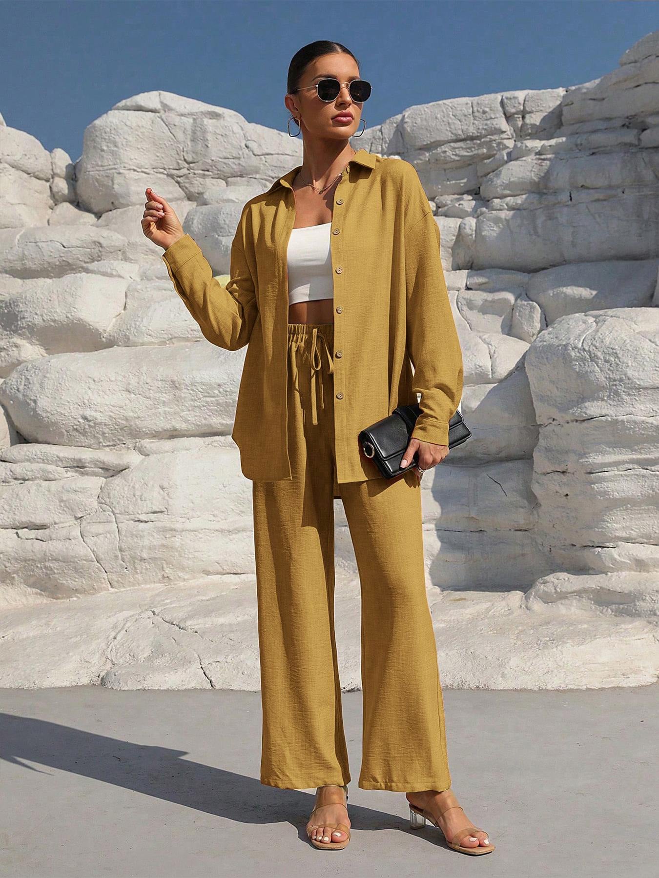 VVZ Women's Solid Button Front Shirt & Tie Front Wide Leg Pants Two-piece Set
