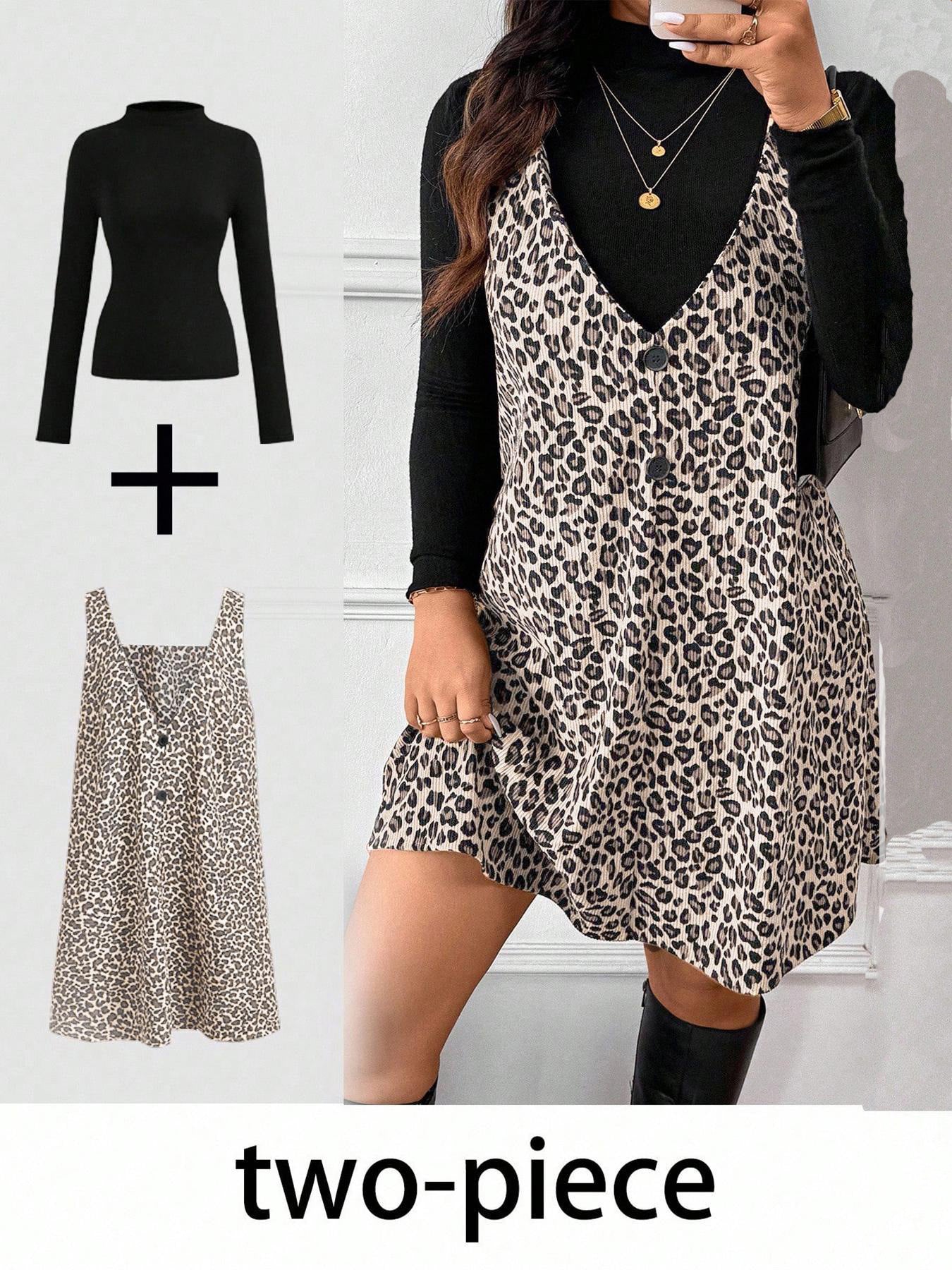 VVZ High Neck Base Layer & Leopard Pinafore Dress Set