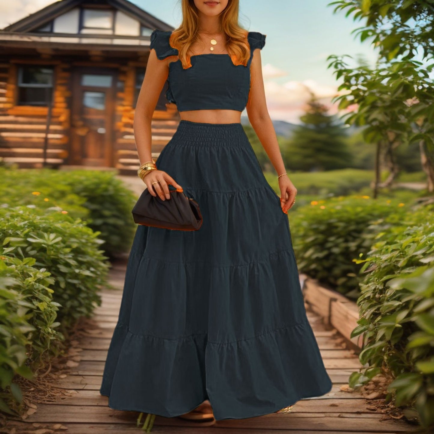VVZ Women's Solid-Color Top and Long Skirt Two-Piece Set