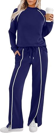 VVZ Women's Fashion New Round Neck Solid Color Patch Long Sleeve Top & Pants Set