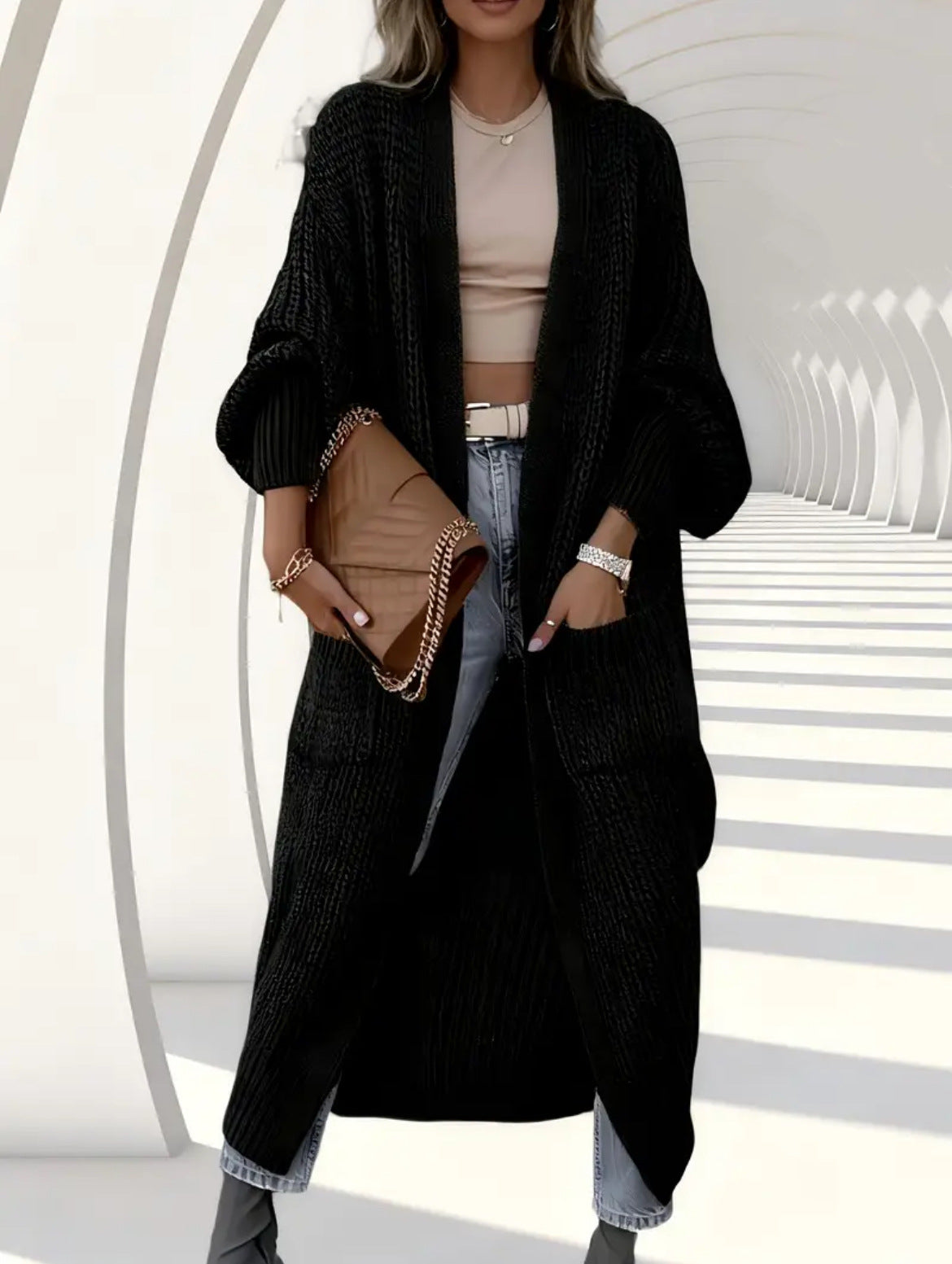 VVZ Women's Solid Drop Shoulder Long Cardigan, Casual Pocket Long Sleeve Cardigan