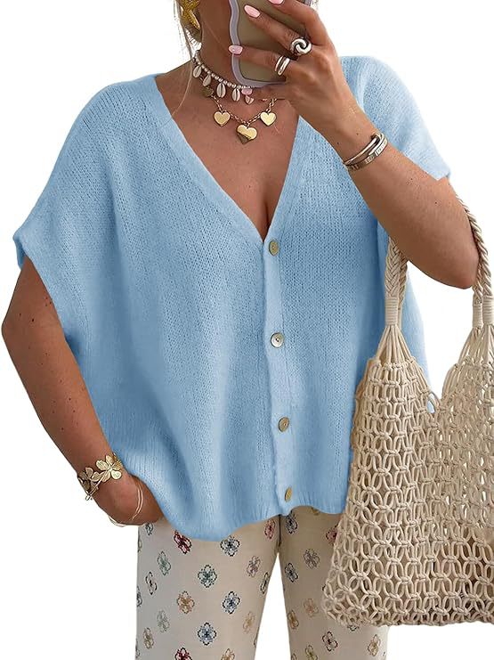 VVZ Lightweight, Short-Sleeve Batwing Knit Top with Button-Front V-Neck
