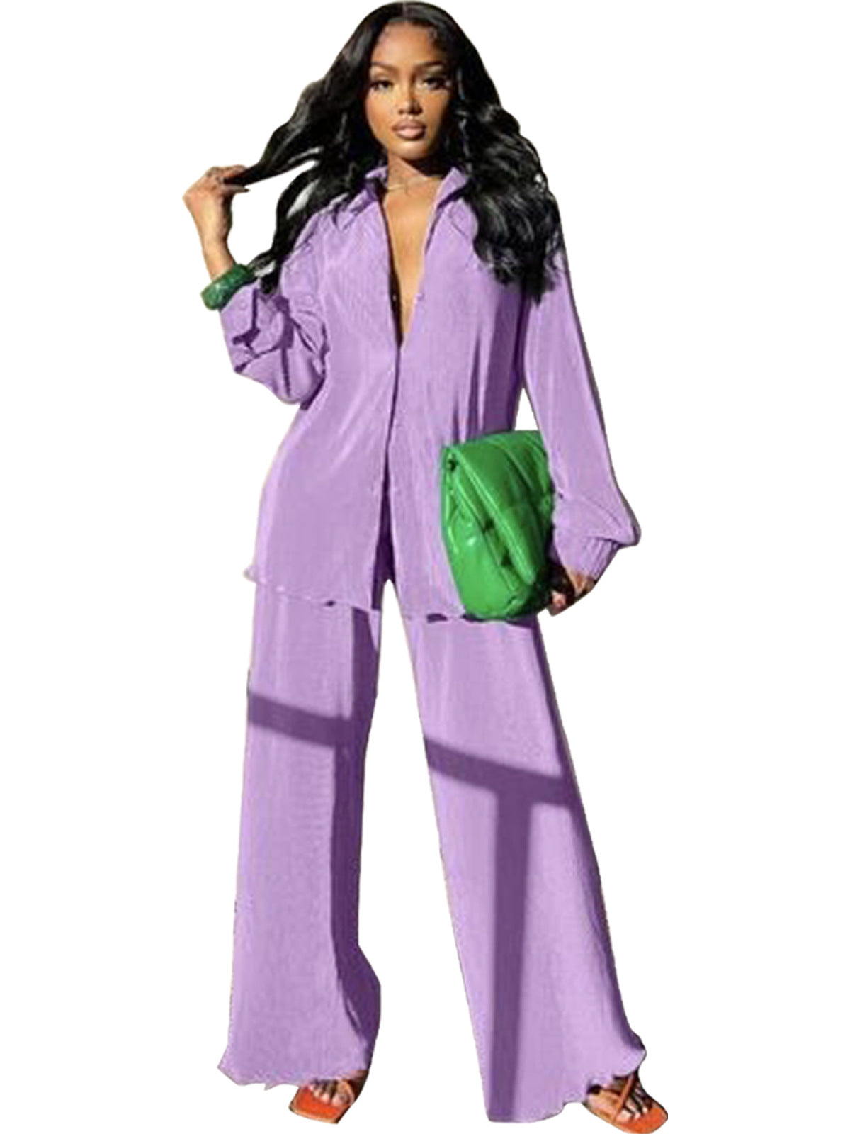 VVZ Women's Solid Button Front Shirt & Elastic Waist Pants Two-piece Set