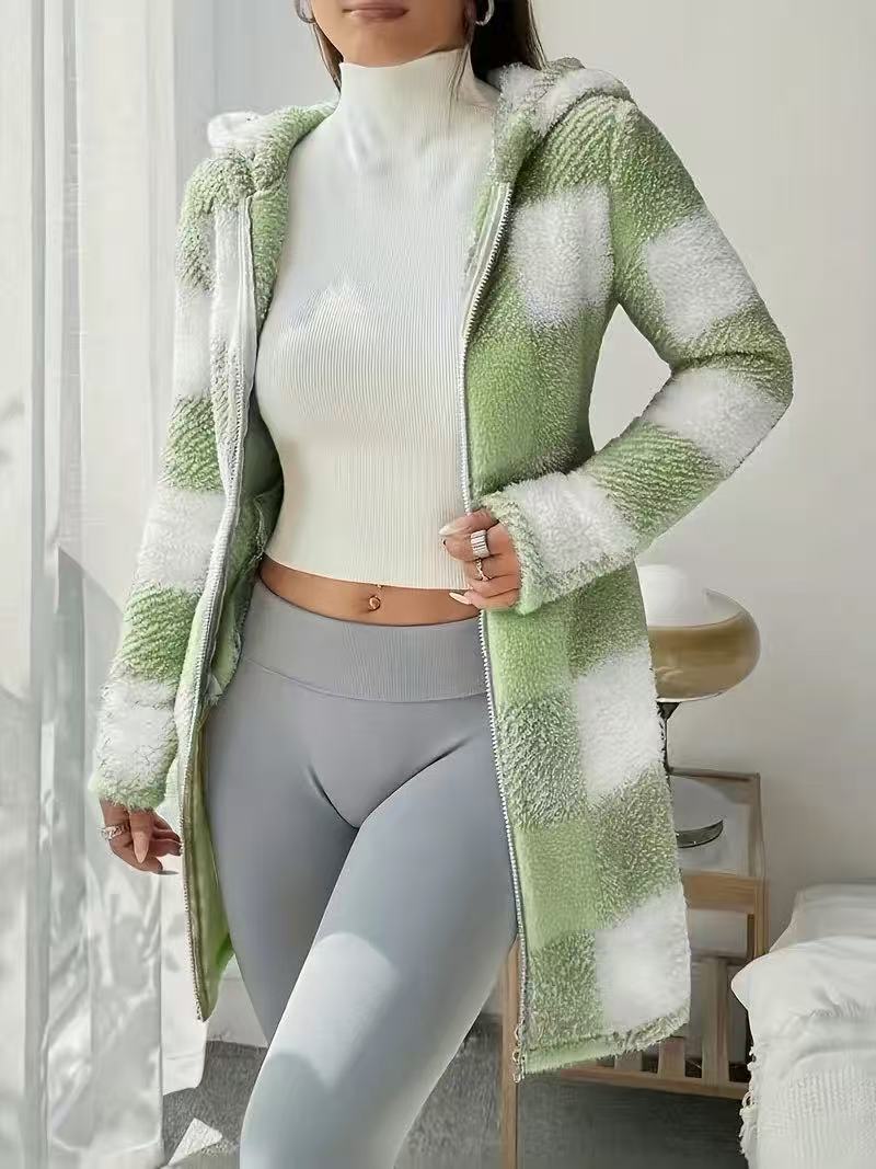 VVZ Women's Plaid Fleece Long Sleeve Hooded Coat, Mid-Weight Longline Outerwear
