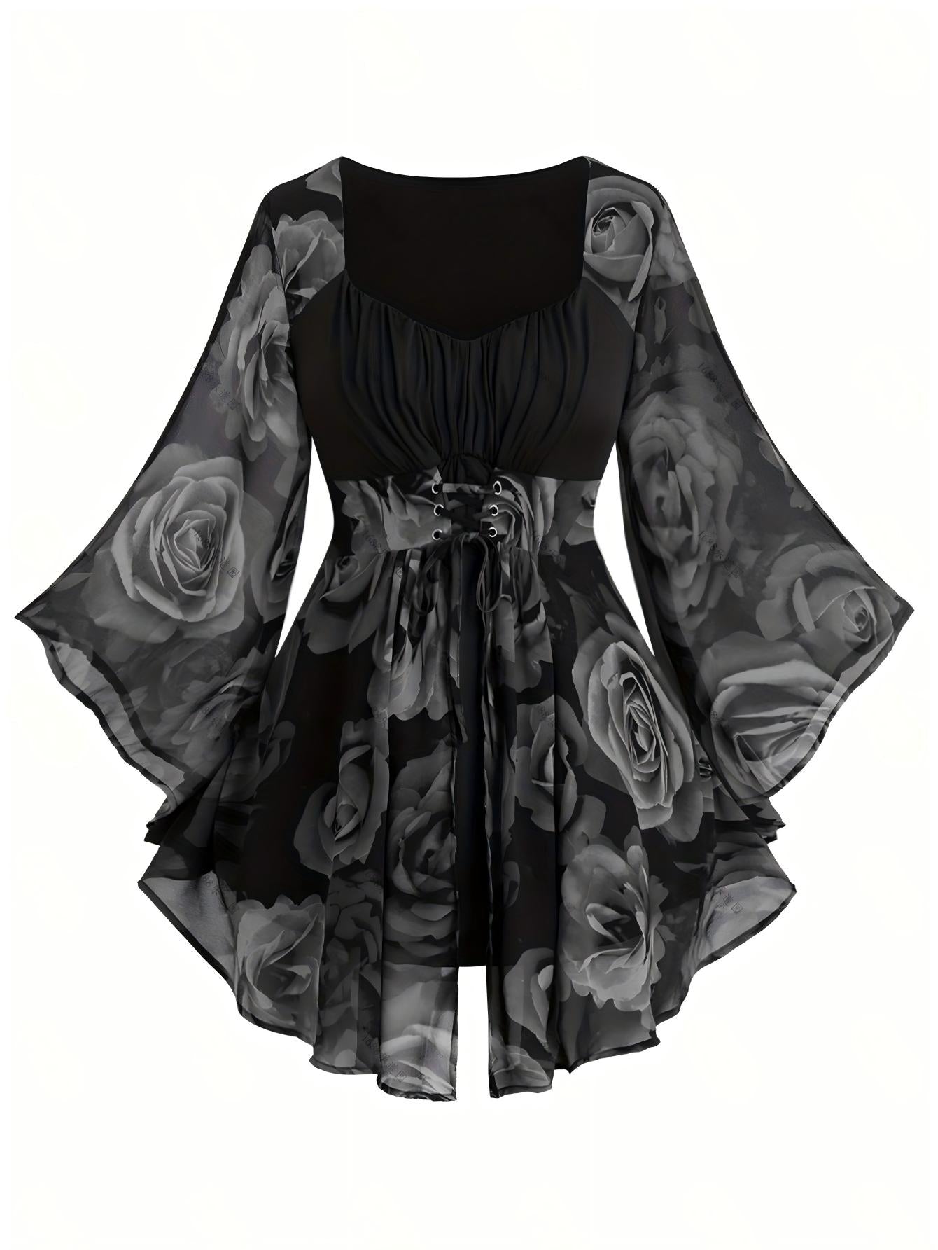 VVZ Rose-print asymmetrical ruffled lace-up tulle top