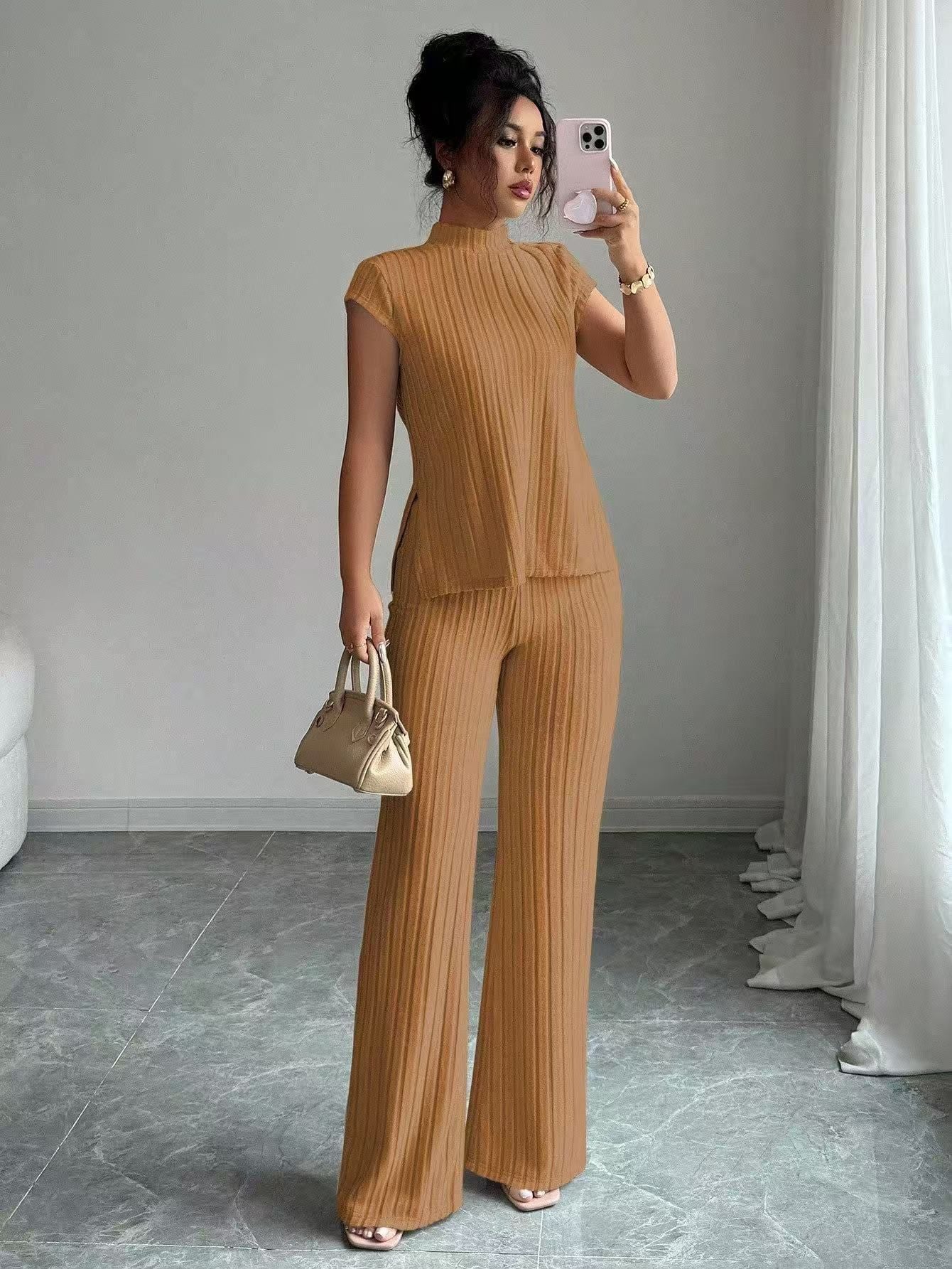 VVZ Soft Ribbed Knit Short Sleeve Top & Flare Trousers