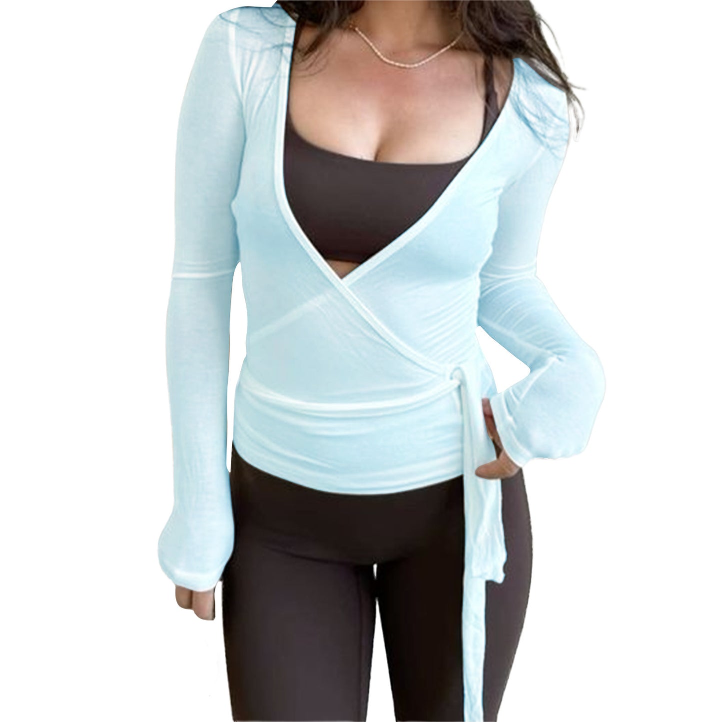 VVZ Long Sleeve Deep V Neck Solid ColorFit T-Shirts
