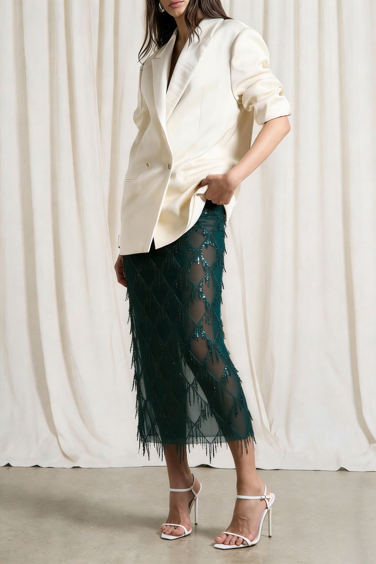 VVZ Women's Sequin-Embellished Midi Skirt — Side-Slit, Bodycon, Slimming, and Sheer Mesh Design