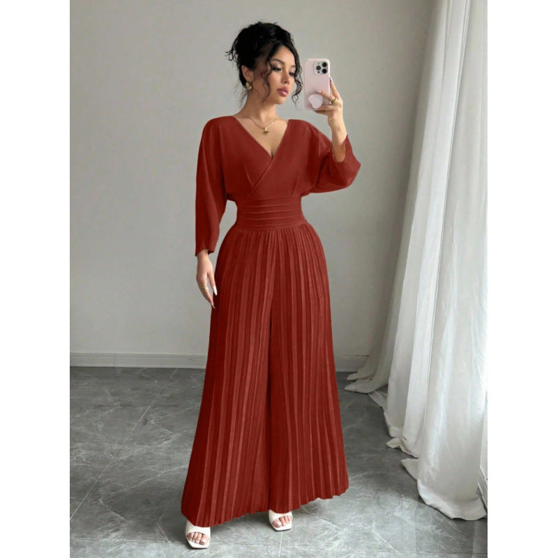 VVZ Women's Elegant V Neck Batwing Sleeve Pleated Wide Leg Pants