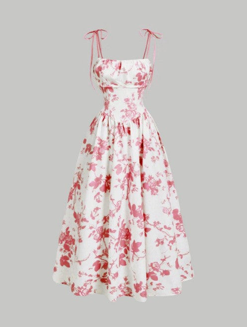 VVZ Women's Slim-Fit Floral Print Strappy Dress with Tie Detail