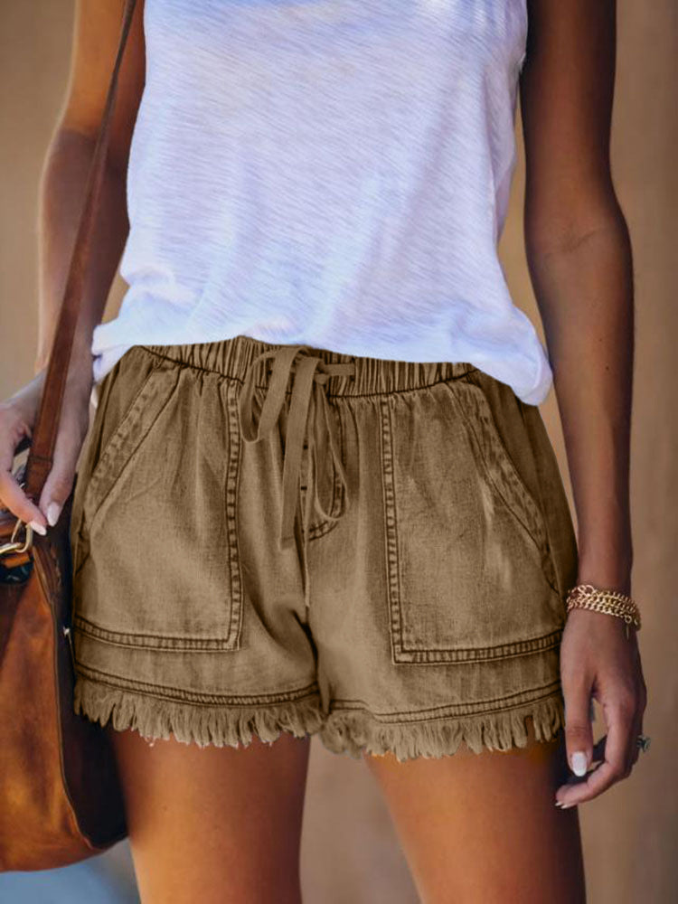 VVZ Women's Plain Drawstring Waist Denim Shorts