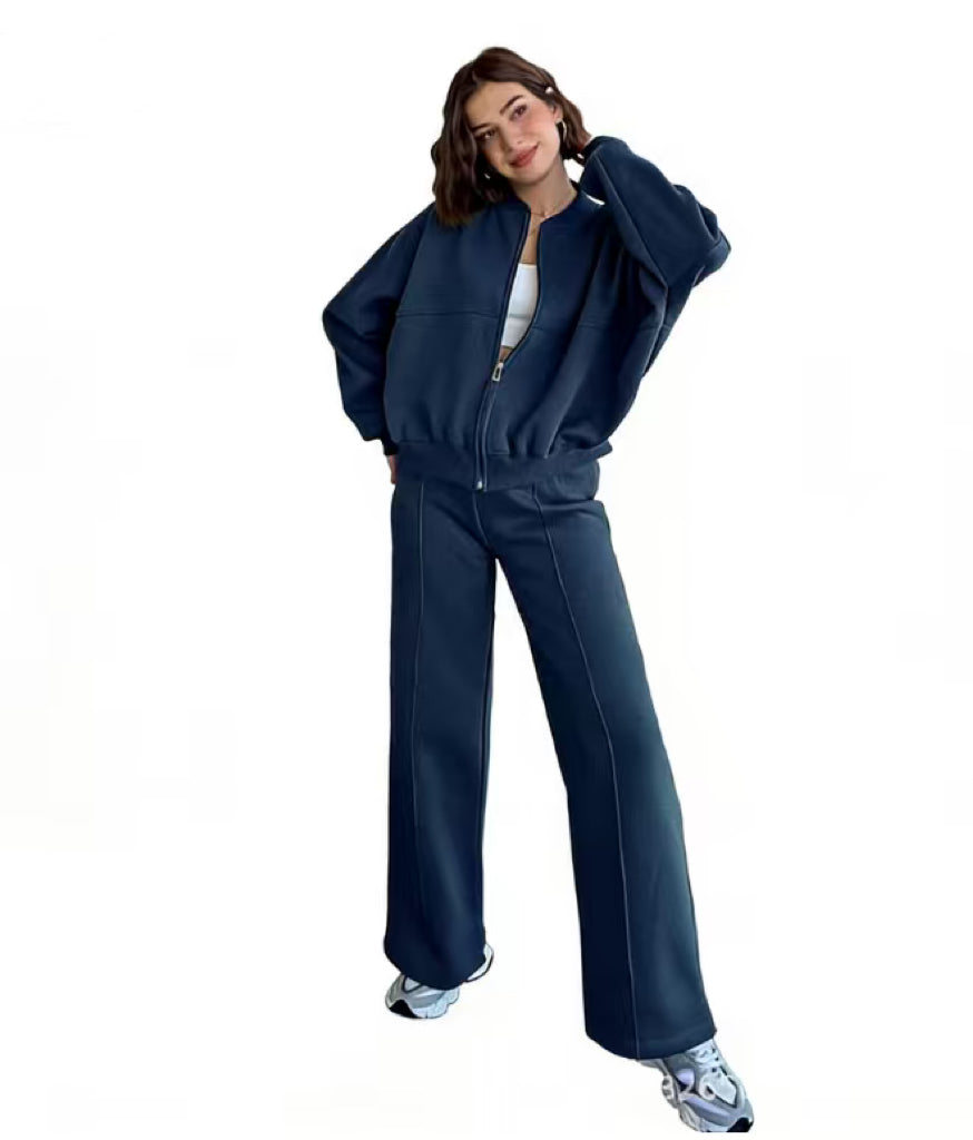 VVZ Women's Casual Striped Long Sleeve Zipper Jacket and Pants Set