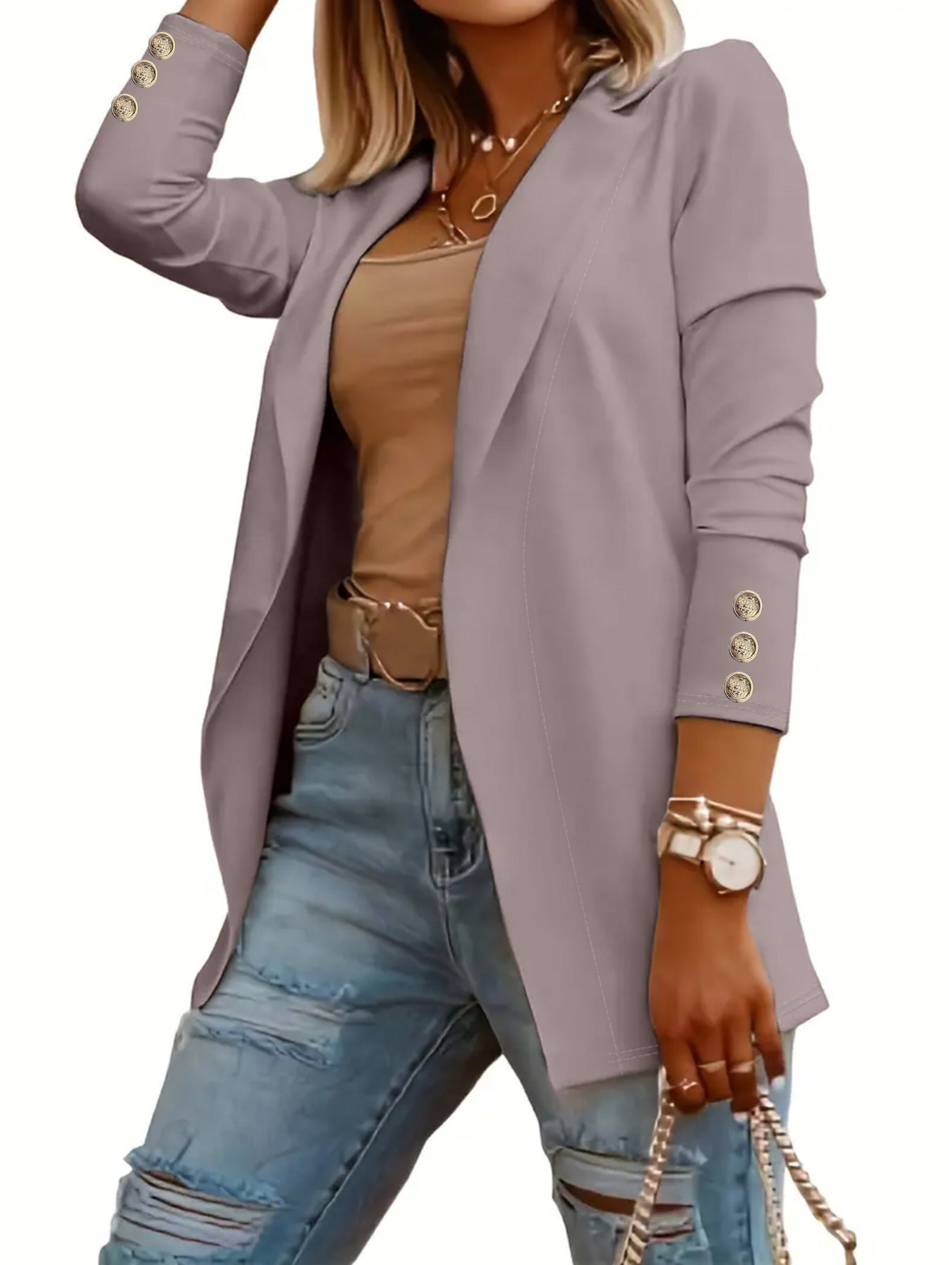 VVZ Women's Solid Button Lapel Neck Open Front Fitted Blazer