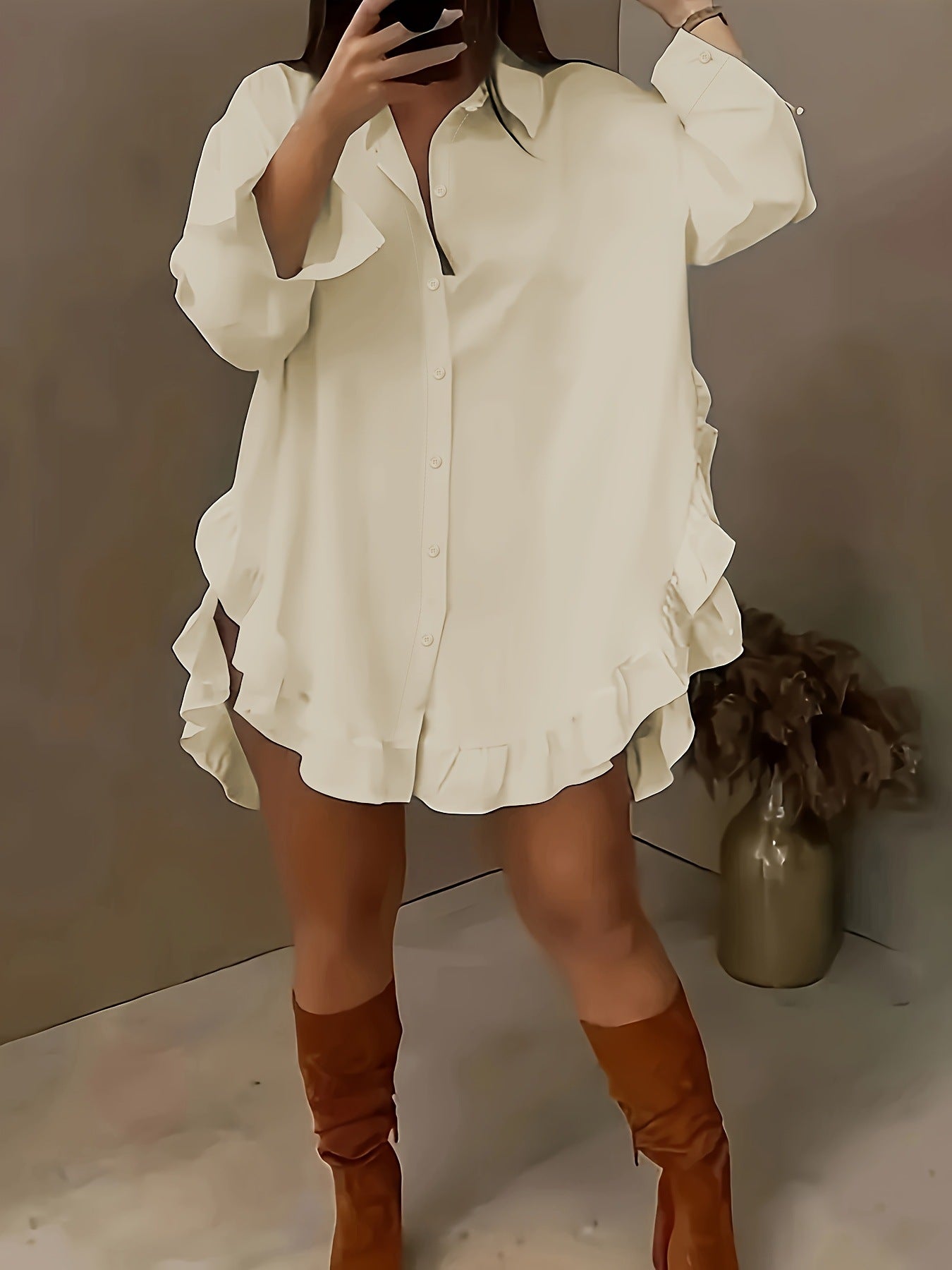 VVZ Women's Plain Ruffle Trim Button Front Blouse