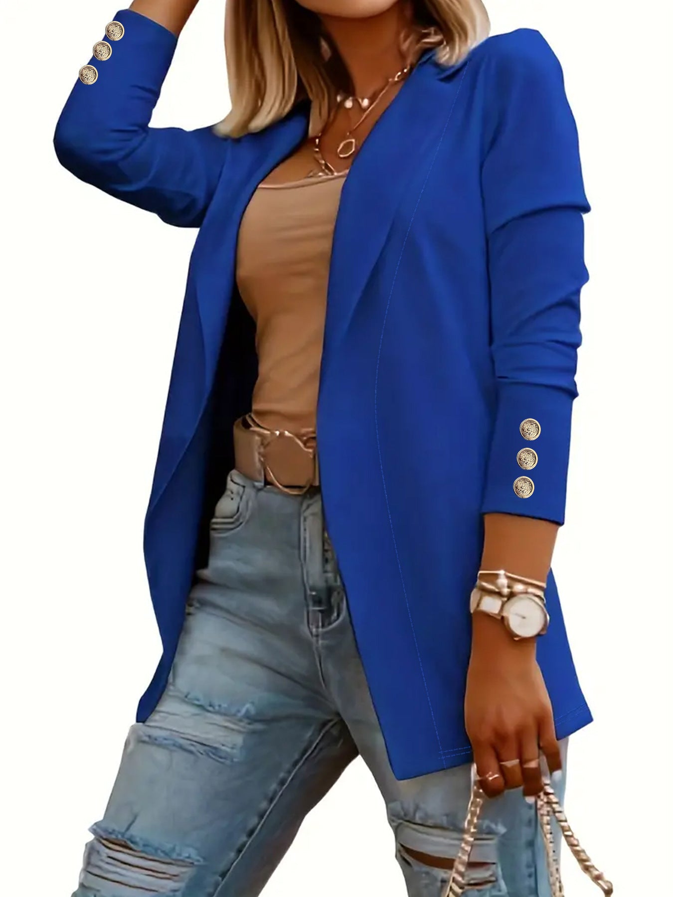 VVZ Women's Solid Button Lapel Neck Open Front Fitted Blazer