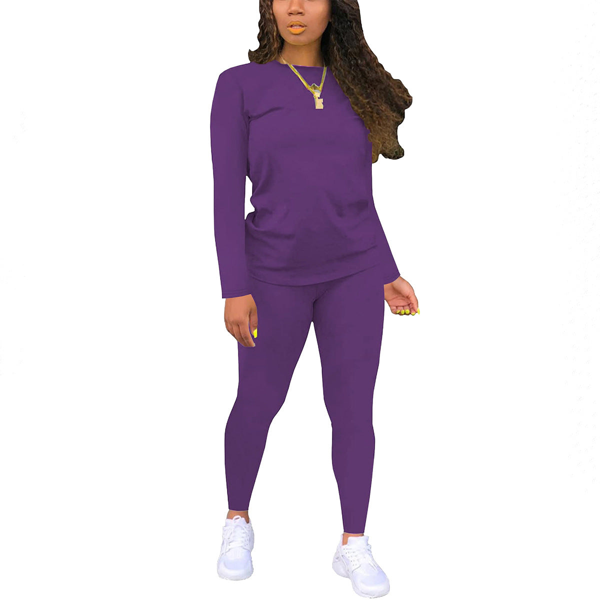 VVZ Women's Solid Long Sleeve Tee & Elastic Waist Pants Set