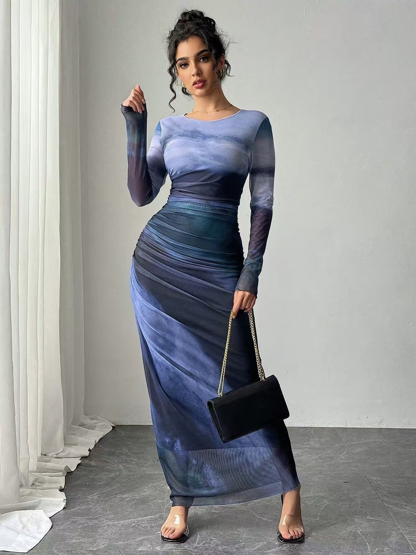 VVZ Sexy Mesh-Print Ruched Bodycon Dress with Round Neckline