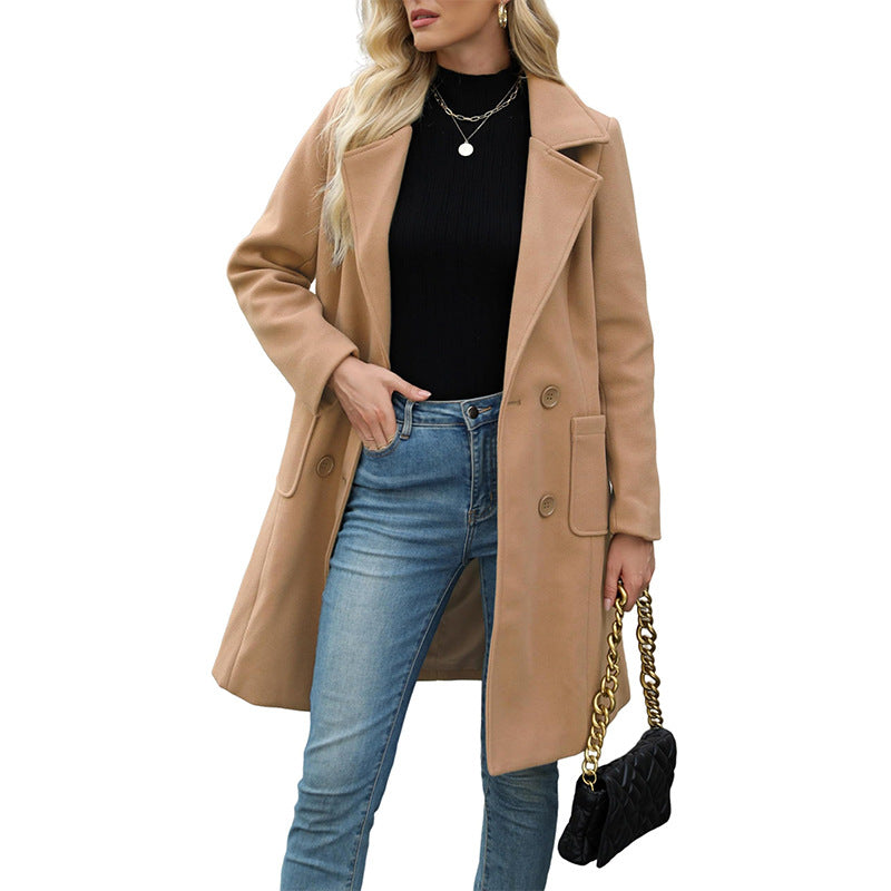 VVZ Women Winter  Camel Mid-Long Coat Notch Double-Breasted Lapel Jacket Outwear