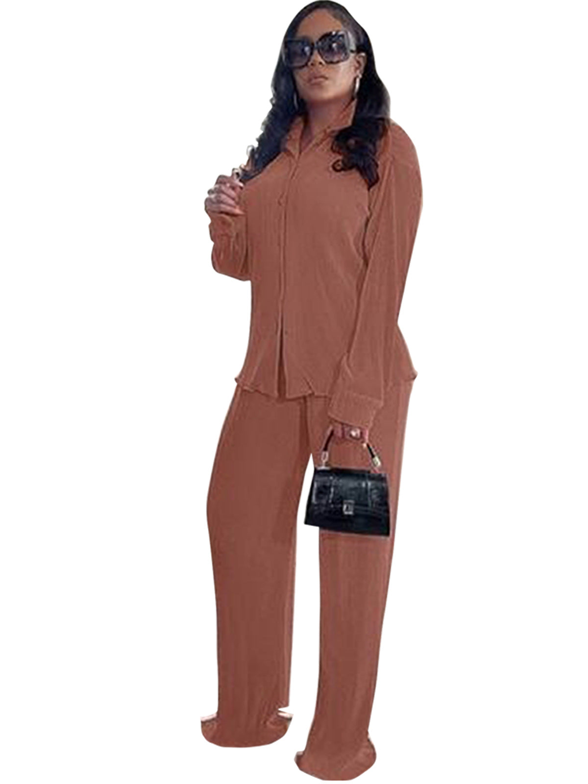 VVZ Women's Solid Button Front Shirt & Elastic Waist Pants Two-piece Set