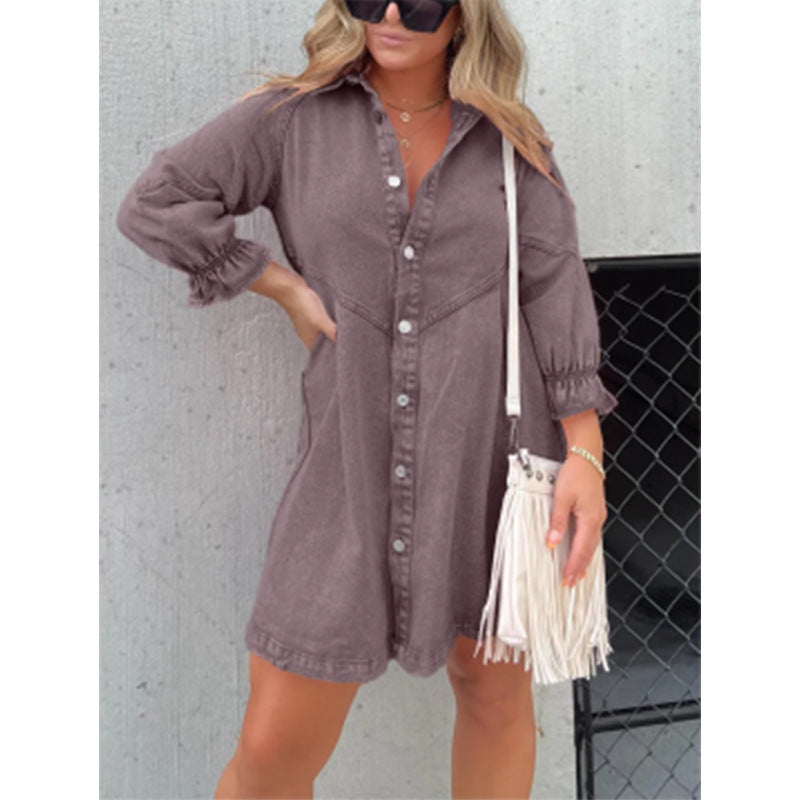VVZ Washed Denim Puff-Sleeve Mini Dress