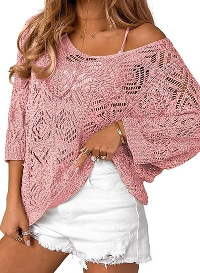 VVZ Spring/Summer Openwork Crocheted Pullover Sweater with Three-Quarter Sleeves