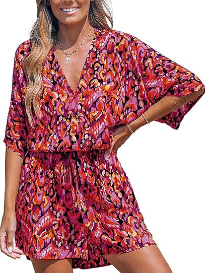 VVZ Women's All-Over Print V-Neck Wide-Leg Romper with Tie Waist