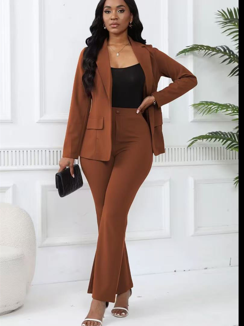 VVZ Women's Two-Piece Set Plain Button Lapel Blazer & Suit Pants