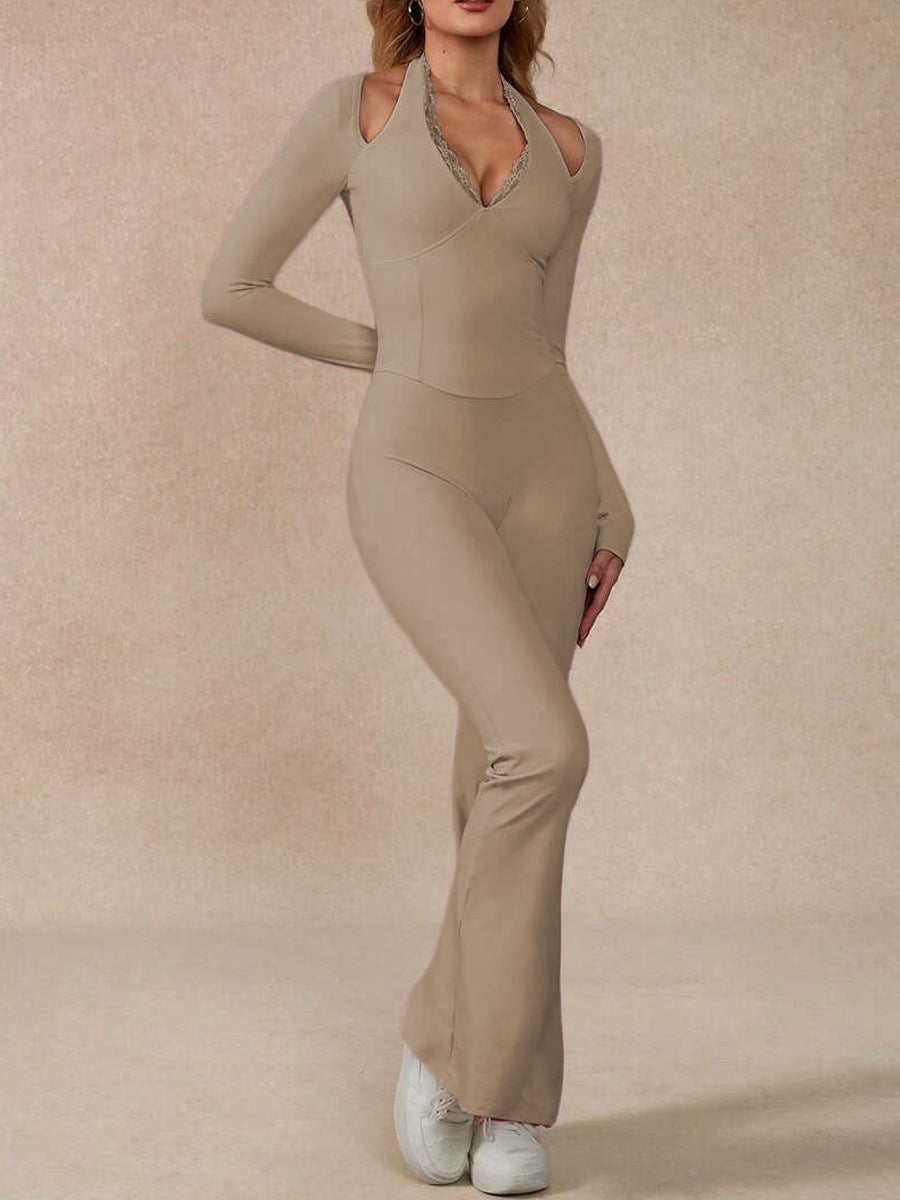 VVZ Women's Long-Sleeve Lace-Trim Halter Jumpsuit