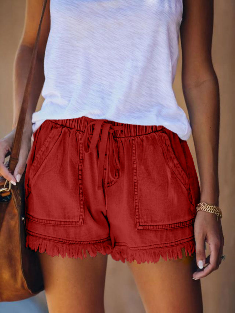 VVZ Women's Plain Drawstring Waist Denim Shorts