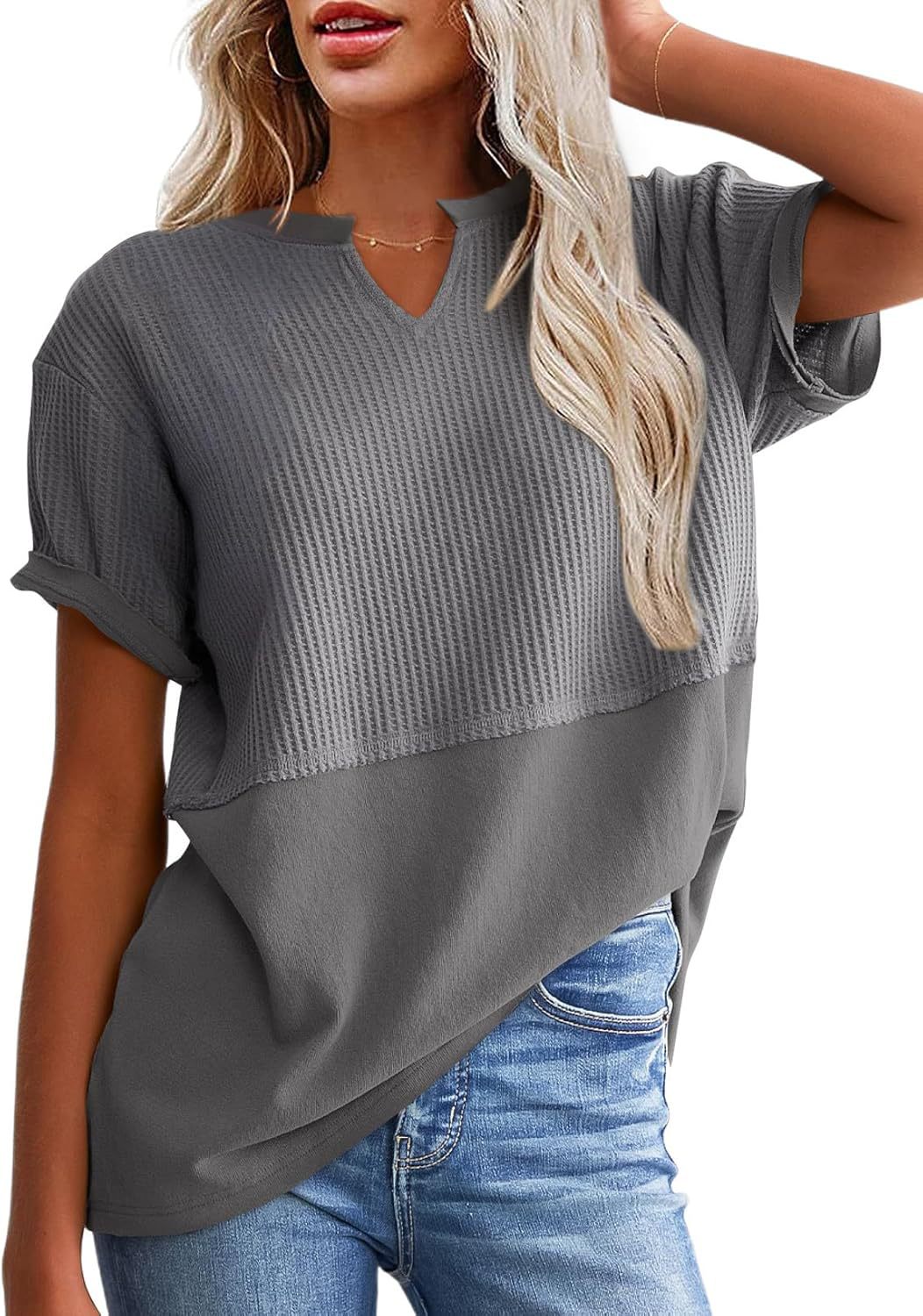 VVZ Cozy Oversized Waffle Knit V-Neck Top
