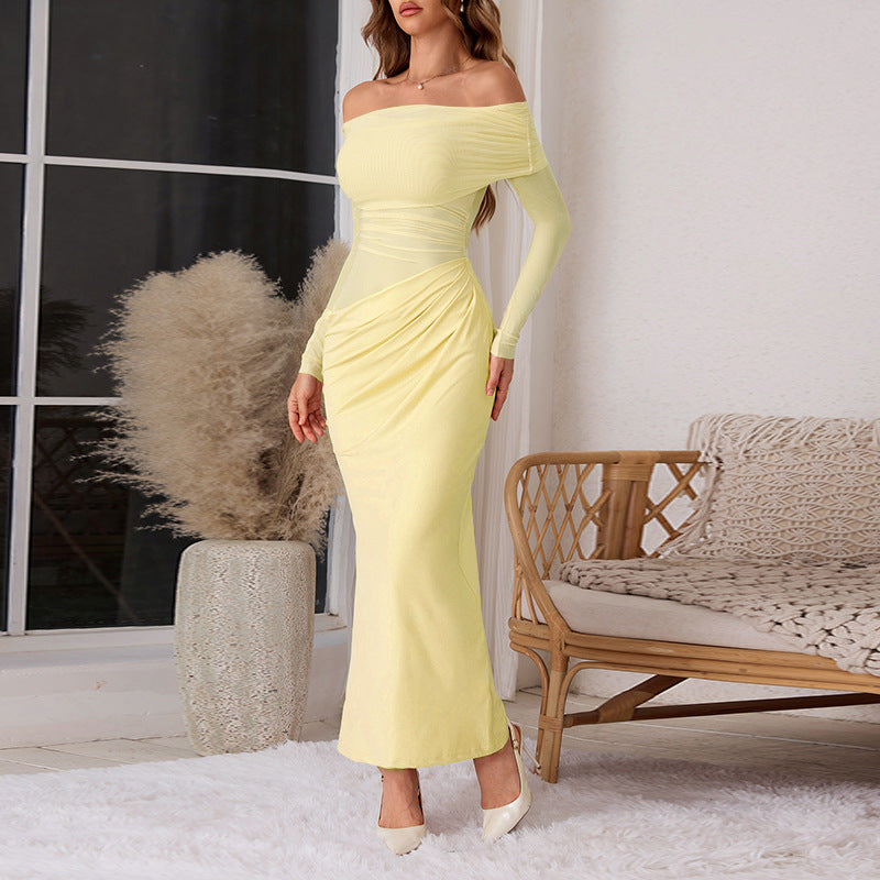 VVZ Women's Plain Off Shoulder Ruched Sheer Mesh Dress