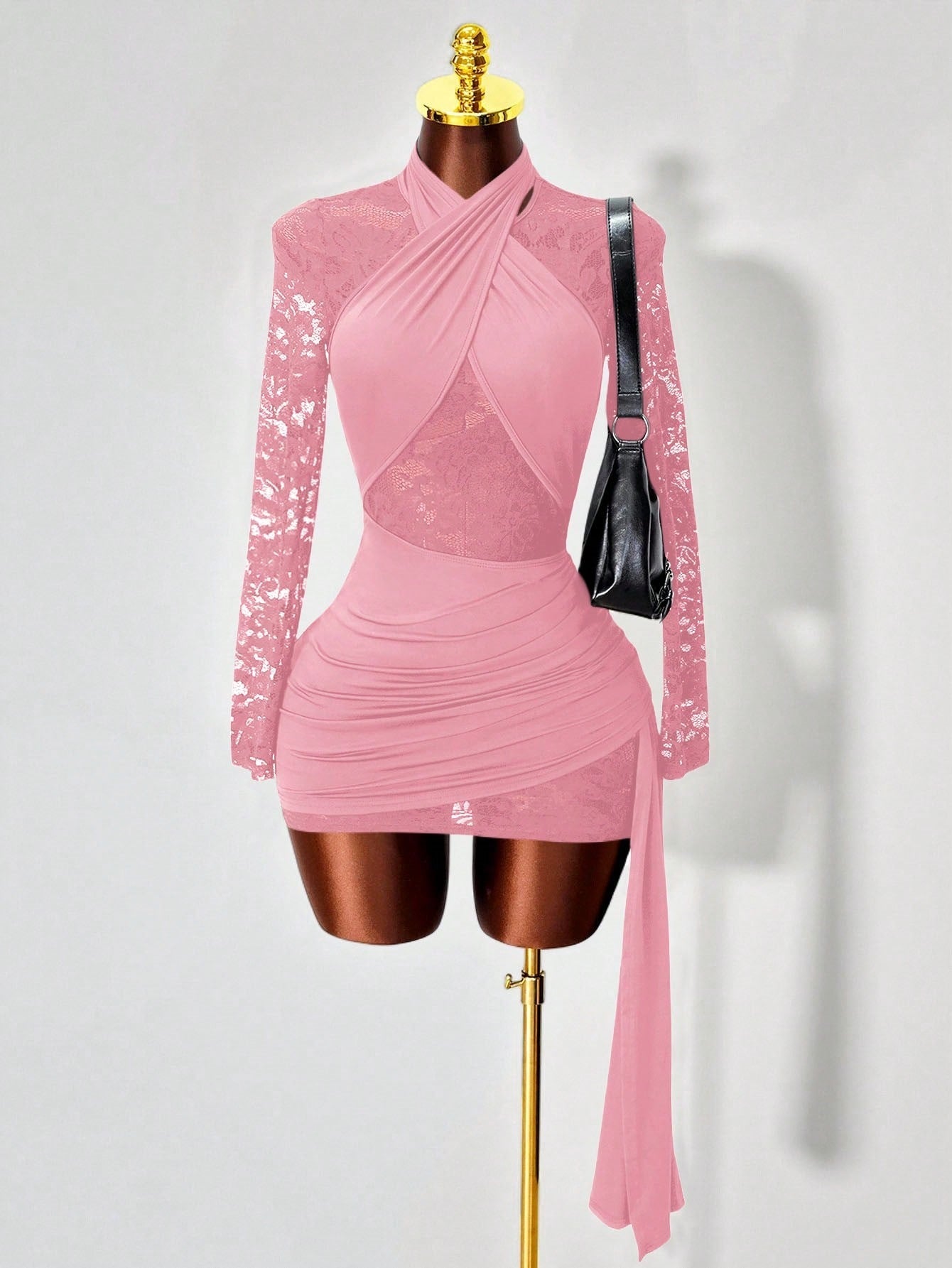 VVZ Women's Halter-Neck Lace Long-Sleeve Slim-Fit Dress
