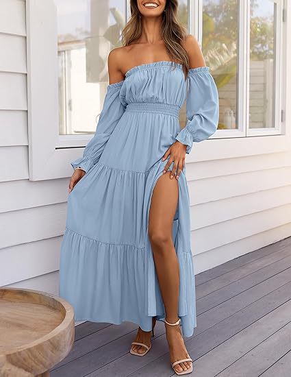 VVZ  High Waist Side Split Flowy A Line Tiered Long Maxi Dress
