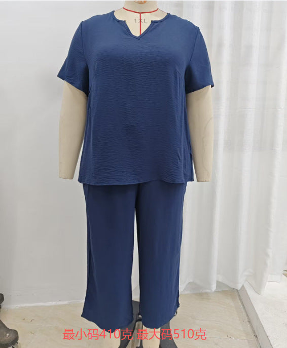 VVZ Elegant Plus-Size Women's Set: Solid-Color Short-Sleeve Fashion Top & Casual Wide-Leg Pants