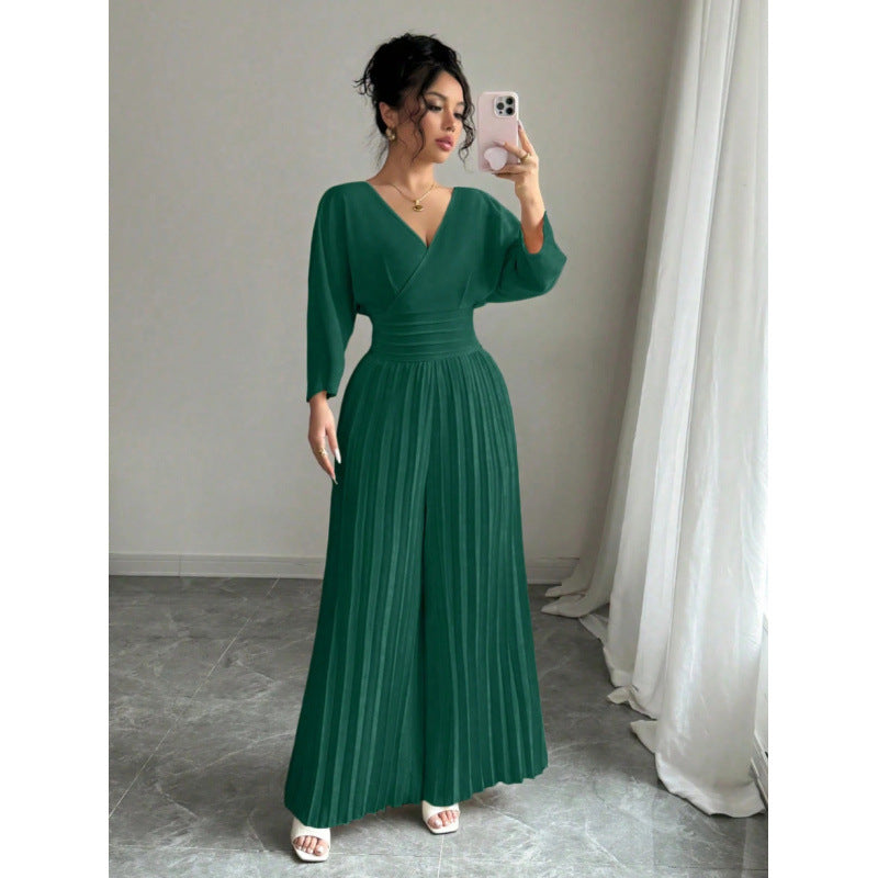 VVZ Women's Elegant V Neck Batwing Sleeve Pleated Wide Leg Pants