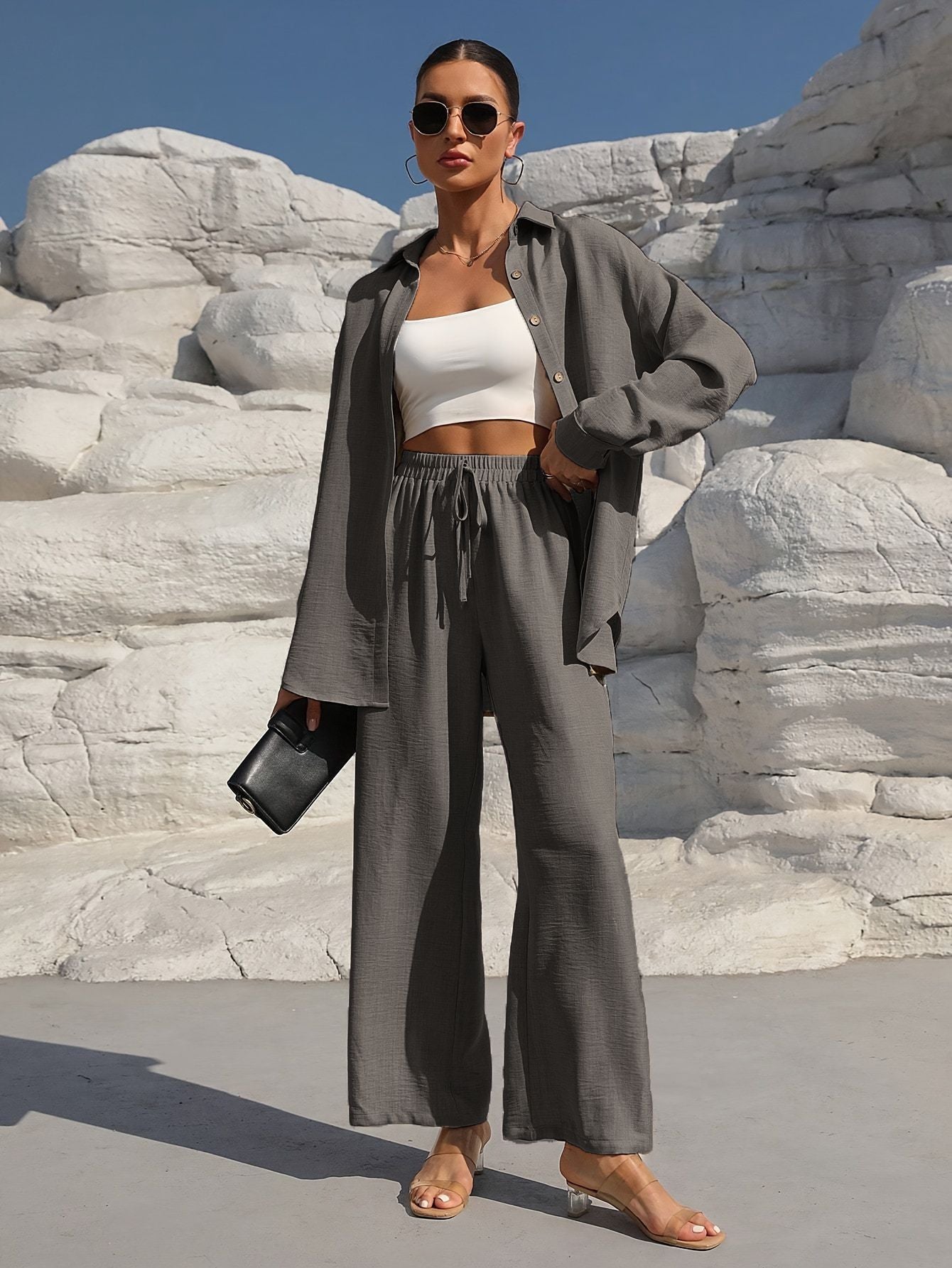VVZ Women's Solid Button Front Shirt & Tie Front Wide Leg Pants Two-piece Set
