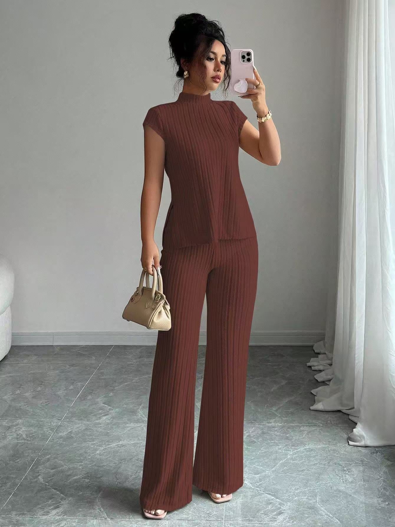VVZ Soft Ribbed Knit Short Sleeve Top & Flare Trousers